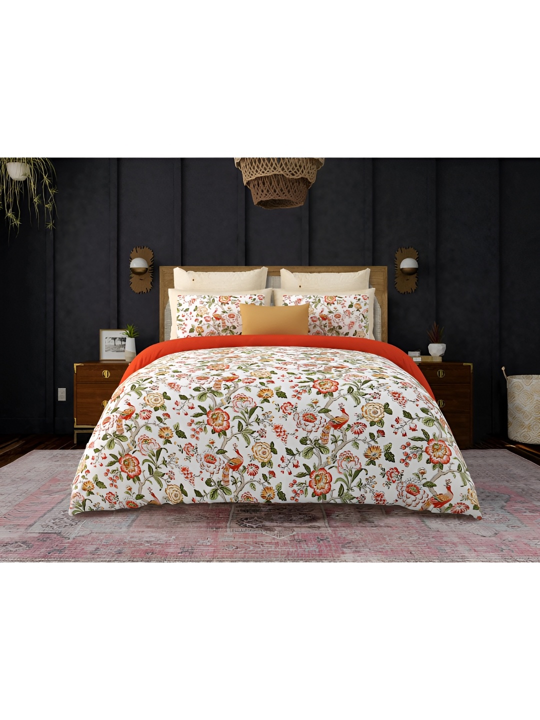 

Block Print Story White Floral Printed Cotton 210 TC King Bedsheet with 2 Pillow Covers