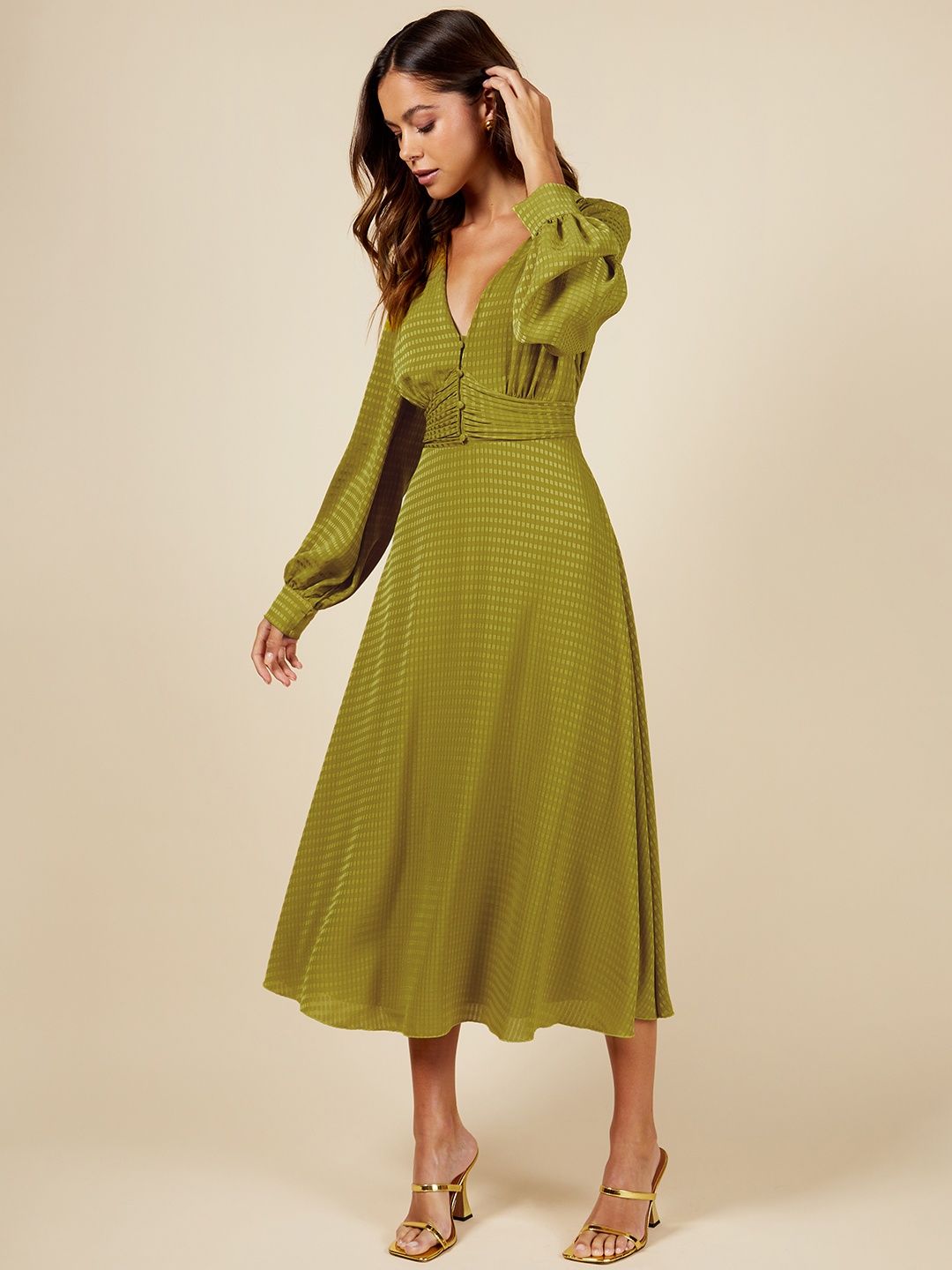 

Little Mistress Horizontally Striped Gathered Detail Midi Fit & Flare Dress, Olive