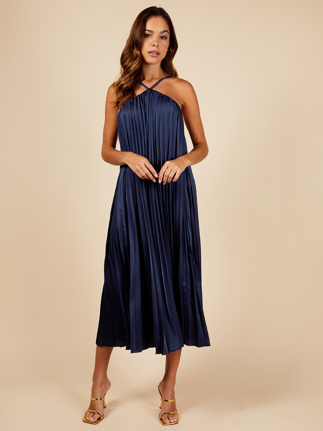 

Little Mistress Satin Finish Accordion Pleated A-Line Midi Dress, Navy blue