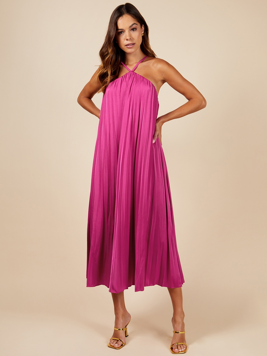 

Little Mistress Satin Finish Accordion Pleated A-Line Midi Dress, Pink