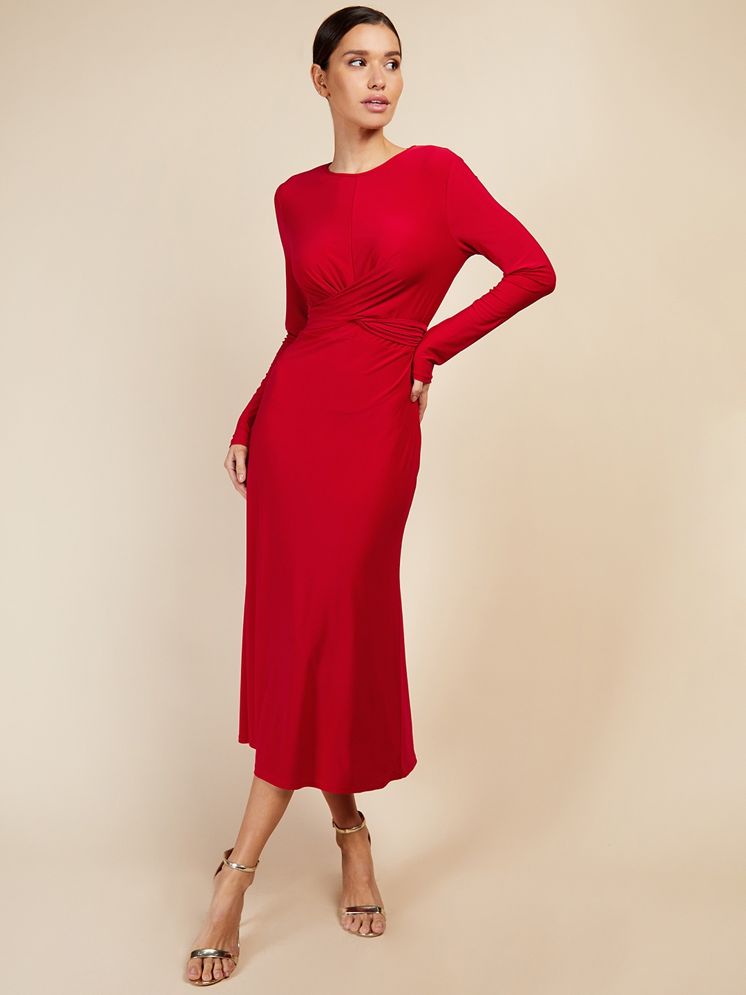 

Little Mistress Tie-Up Waist Sheath Midi Dress, Red
