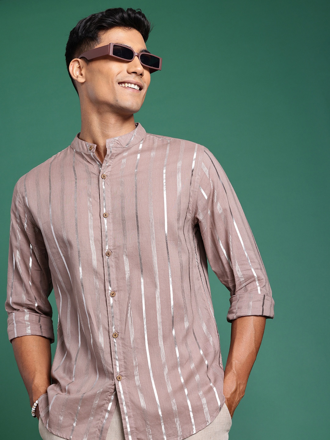 

Sangria Men Striped Mandarin Collar Pure Cotton Casual Shirt, Mauve