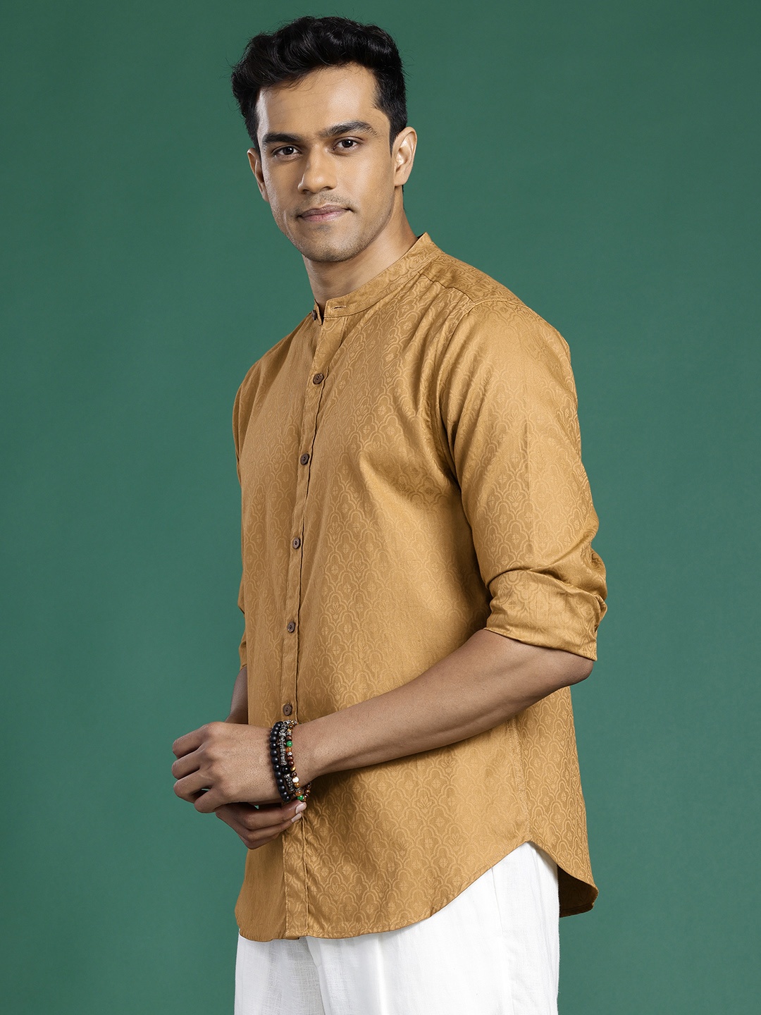 

Sangria Men Mandarin Collar Pure Cotton Casual Shirt, Brown