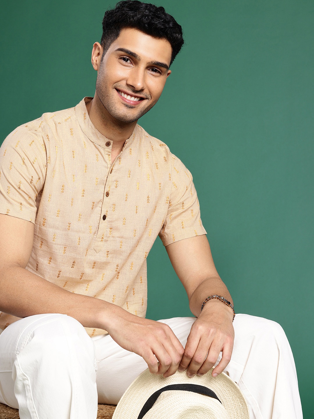 

Sangria Men Mandarin Collar Pure Cotton Casual Shirt, Beige
