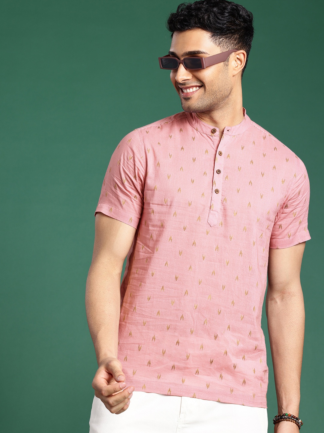 

Sangria Men Mandarin Collar Pure Cotton Casual Shirt, Pink