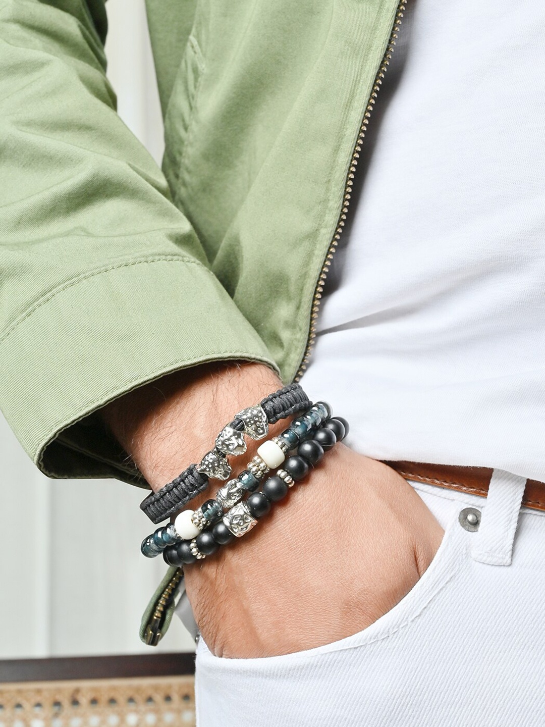 

The Bro Code Men Set of 3 Silver-Plated Beaded Stack Bracelets, Black