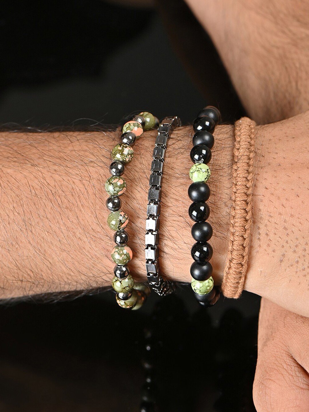 

The Bro Code Men Set Of 4 Beads Beaded Bracelet, Silver