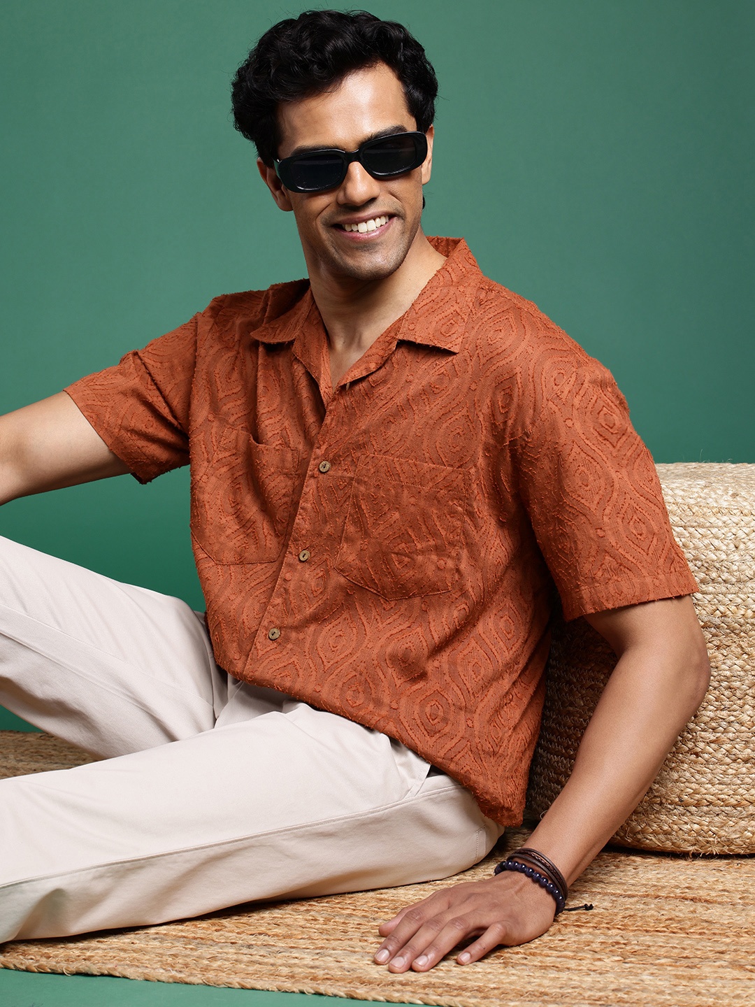 

Sangria Men Textured Cuban Collar Boxy Pure Cotton Casual Shirt, Rust