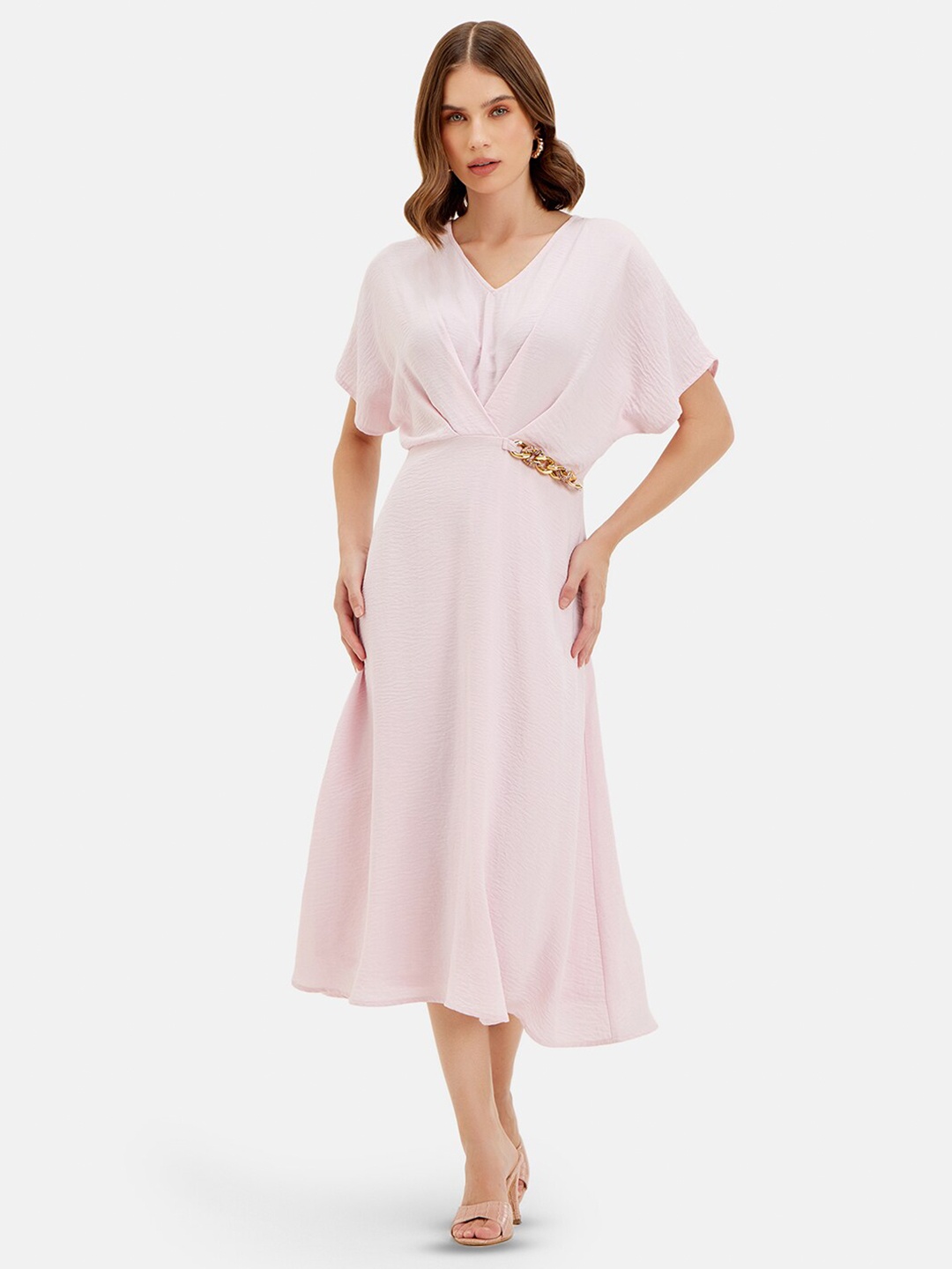 

Kazo V-Neck Short Extended Sleeves Fit & Flare Midi Dress, Pink