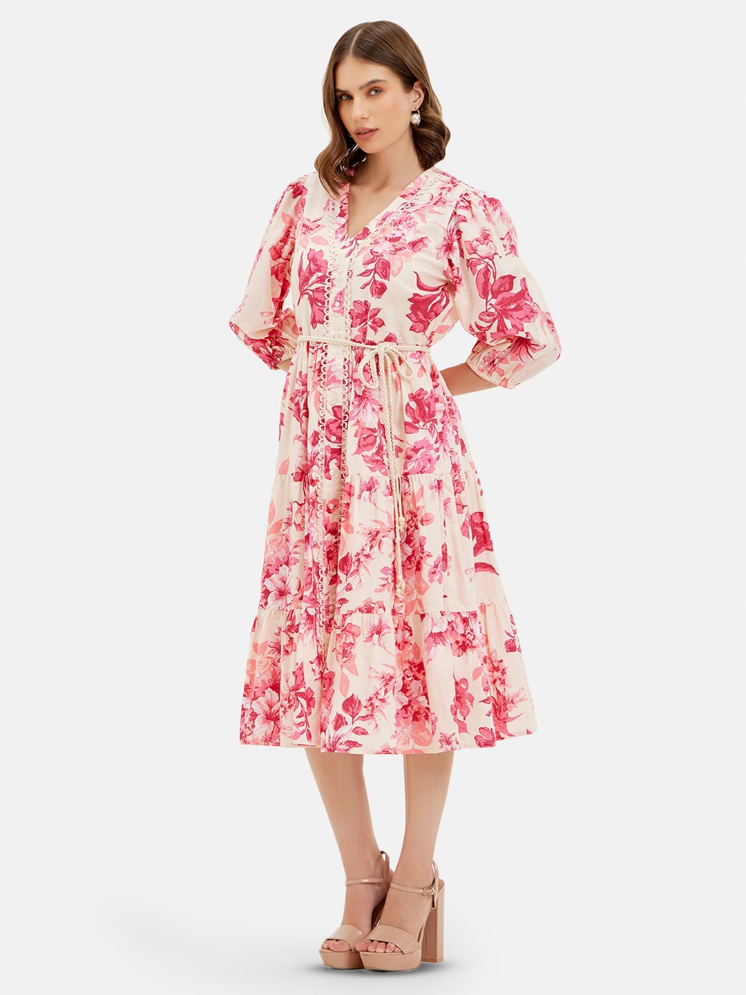 

Kazo Floral Print V-Neck Three-Quarter Sleeves Fit & Flare Midi Dress, Pink