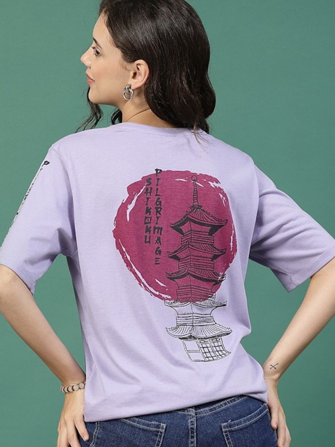 

Rigo Women Printed Oversized Cotton T-shirt, Purple