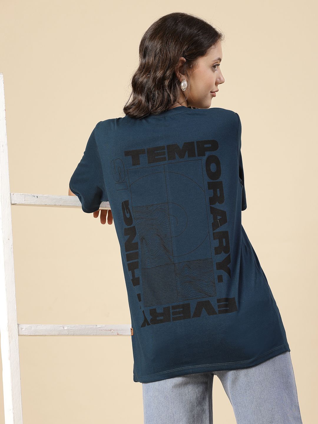 

Rigo Typography Printed Oversized Cotton T-shirt, Teal