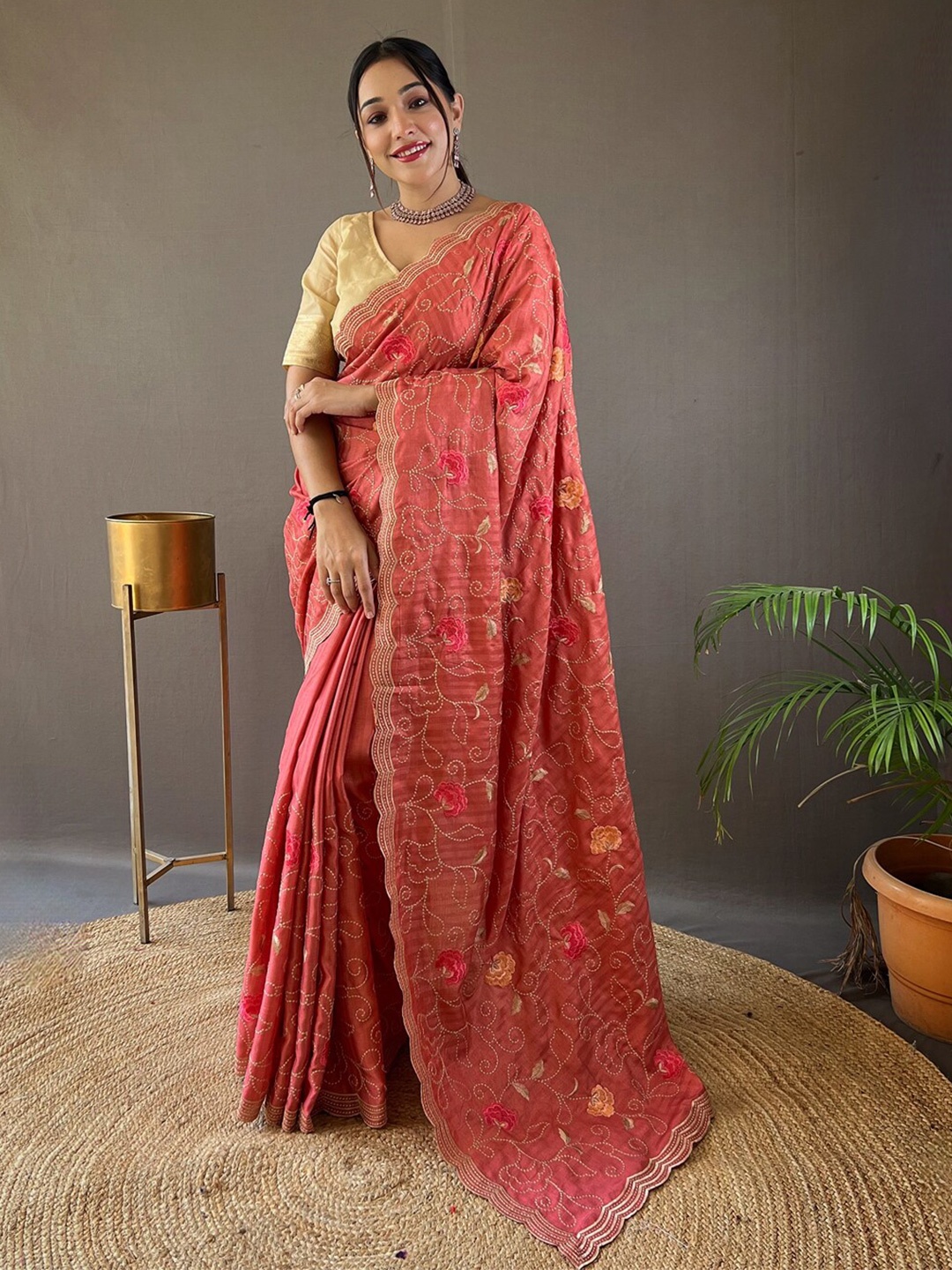 

SGF11 Floral Embroidered Art Silk Kanjeevaram Saree, Peach
