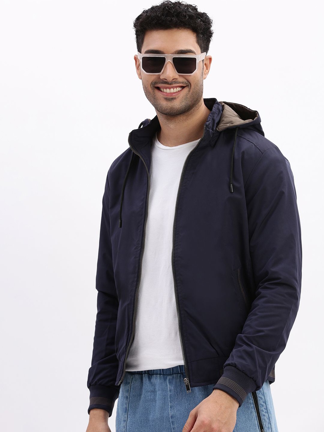 

SHOWOFF Windcheater Hooded Bomber Jacket, Navy blue