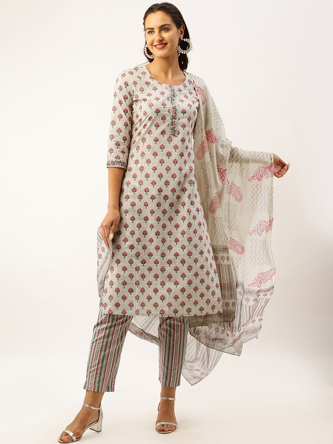 

ODETTE Floral Printed Regular Cotton Kurta with Trousers & Dupatta, White