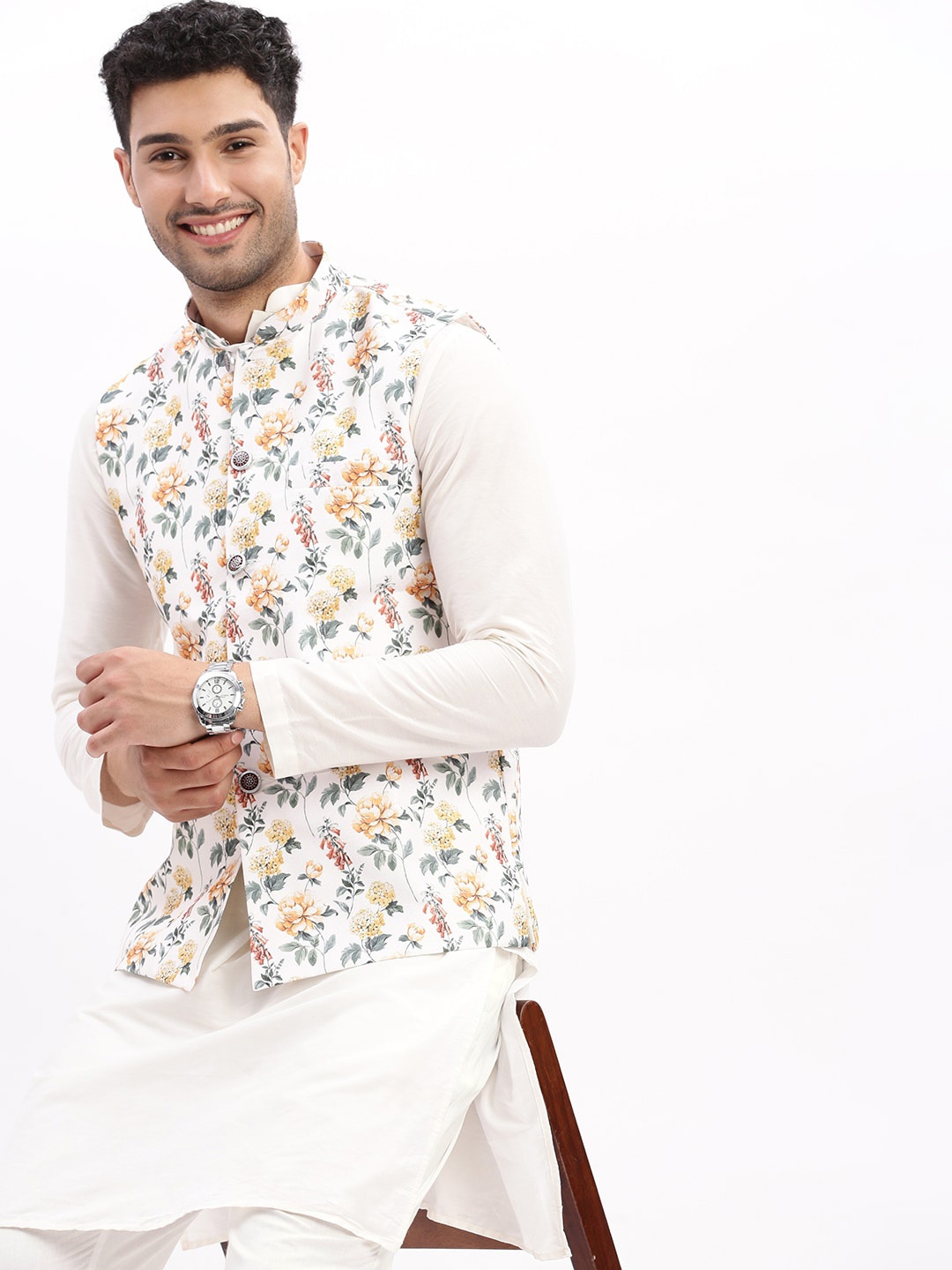 

SHOWOFF Slim Fit Floral Printed Mandarin Collar Nehru Jacket, Off white