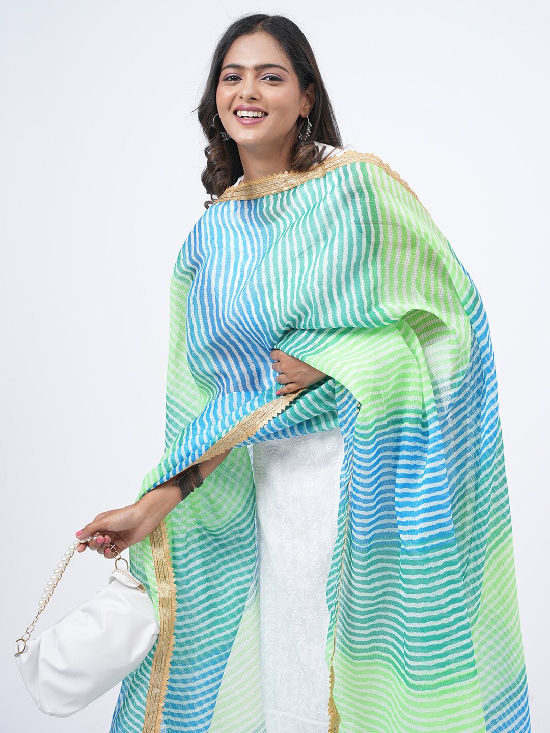 

HELLA FASHIONS Striped Cotton Leheriya Dupatta with Gotta Patti, Blue
