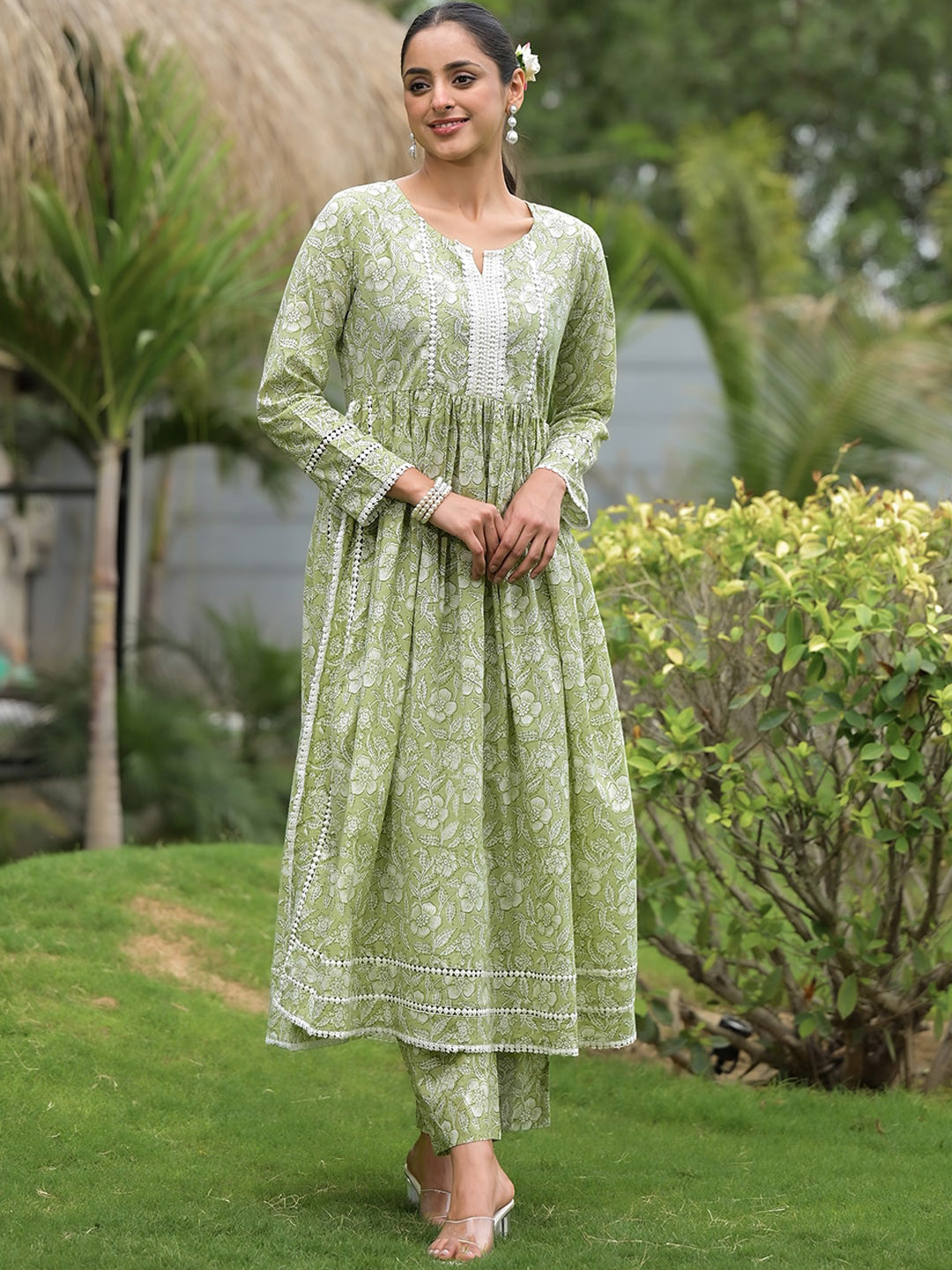 

Divena Floral Printed Thread Work Pure Cotton A-Line Kurta With Trousers & Dupatta, Green