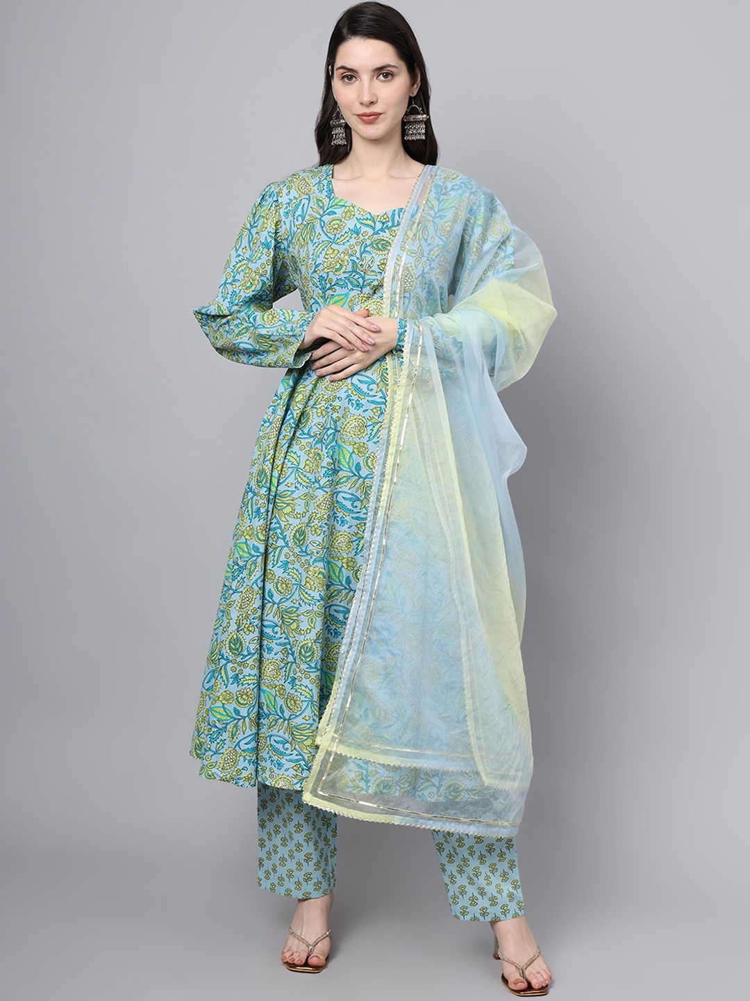 

Divena Floral Printed Round Neck Long Sleeves Pure Cotton Kurta Set, Blue