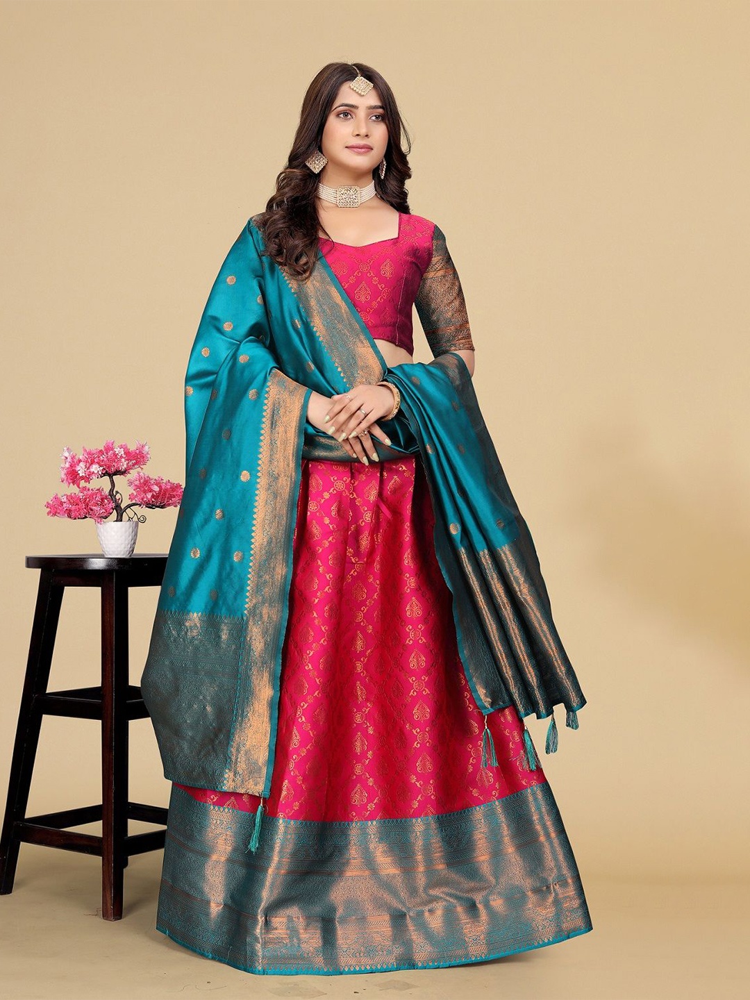

MAHALASA Semi-Stitched Lehenga & Blouse With Dupatta, Pink