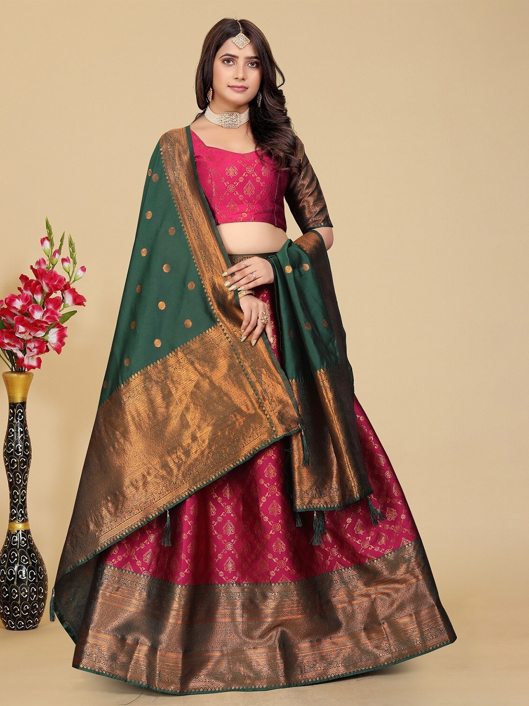 

MAHALASA Woven Design Silk Semi Stitched Lehenga & Blouse With Dupatta, Pink