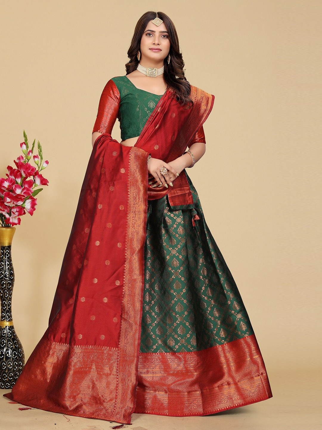 

MAHALASA Woven Design Semi-Stitched Lehenga & Blouse With Dupatta, Green