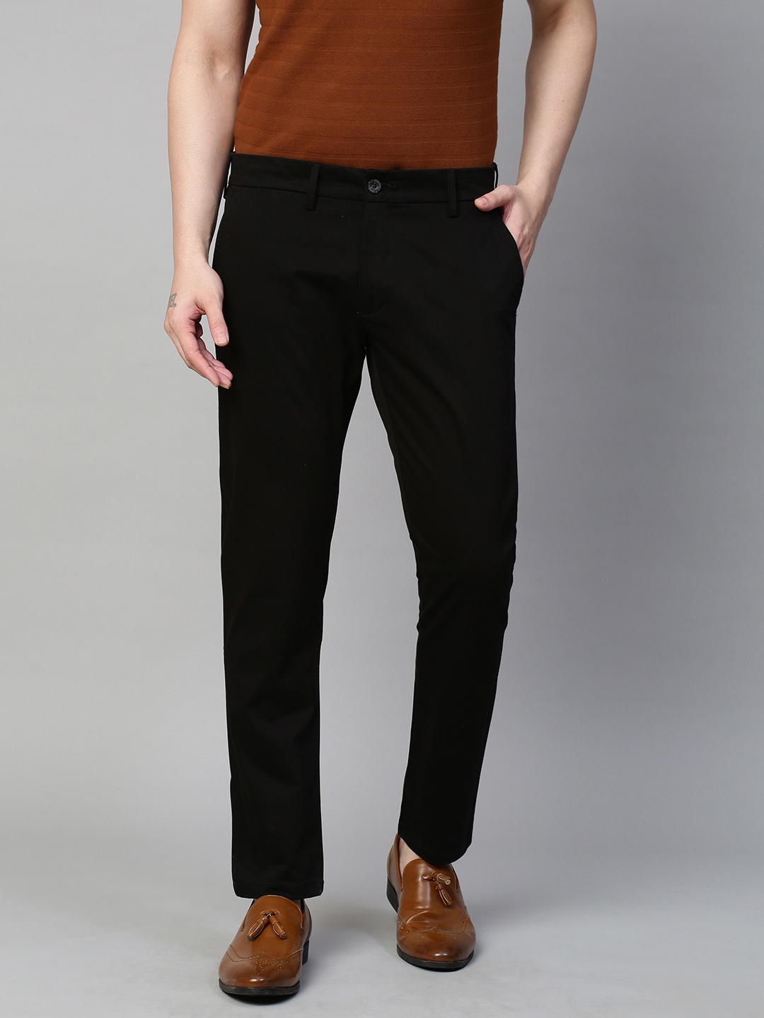 

GENIPS Men Cotton Stretchable Slim Fit Trousers, Black