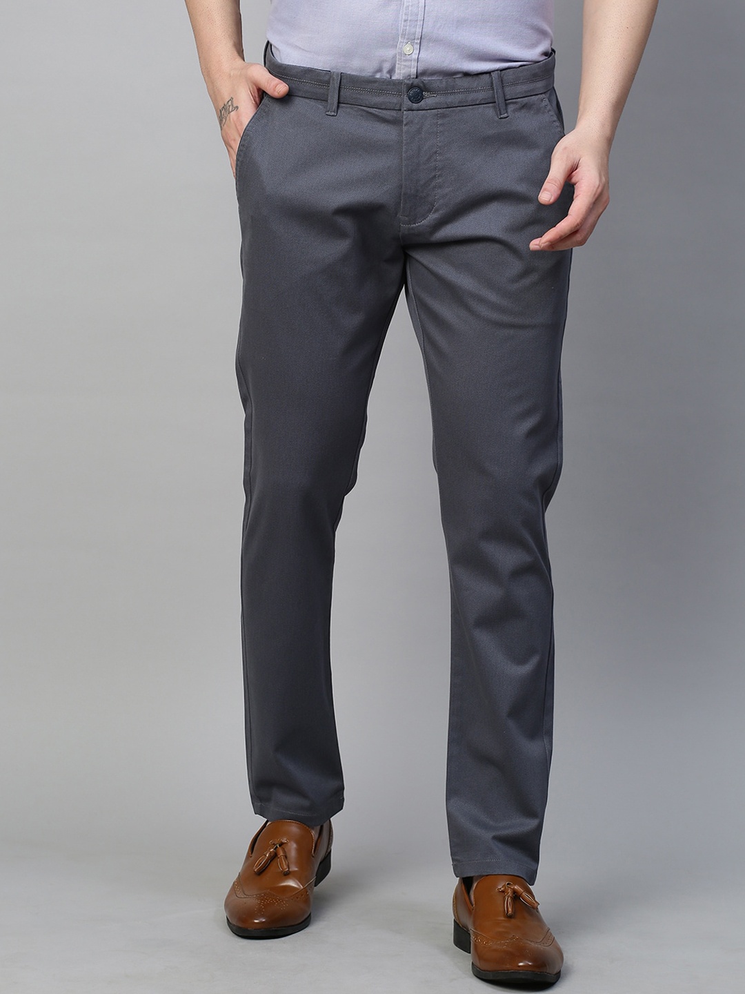 

GENIPS Men Cotton Stretchable Slim Fit Trousers, Grey