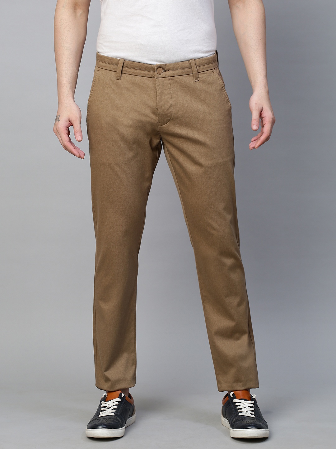 

GENIPS Men Cotton Stretchable Textured Slim Fit Chinos Trousers, Khaki