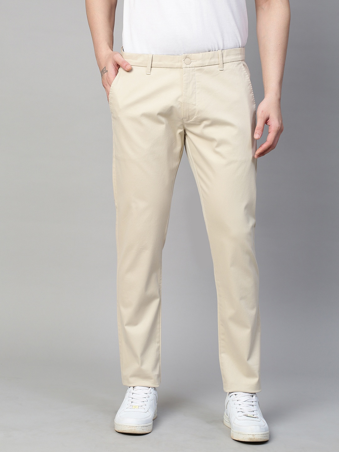 

GENIPS Men Cotton Stretchable Slim Fit Trousers, Cream