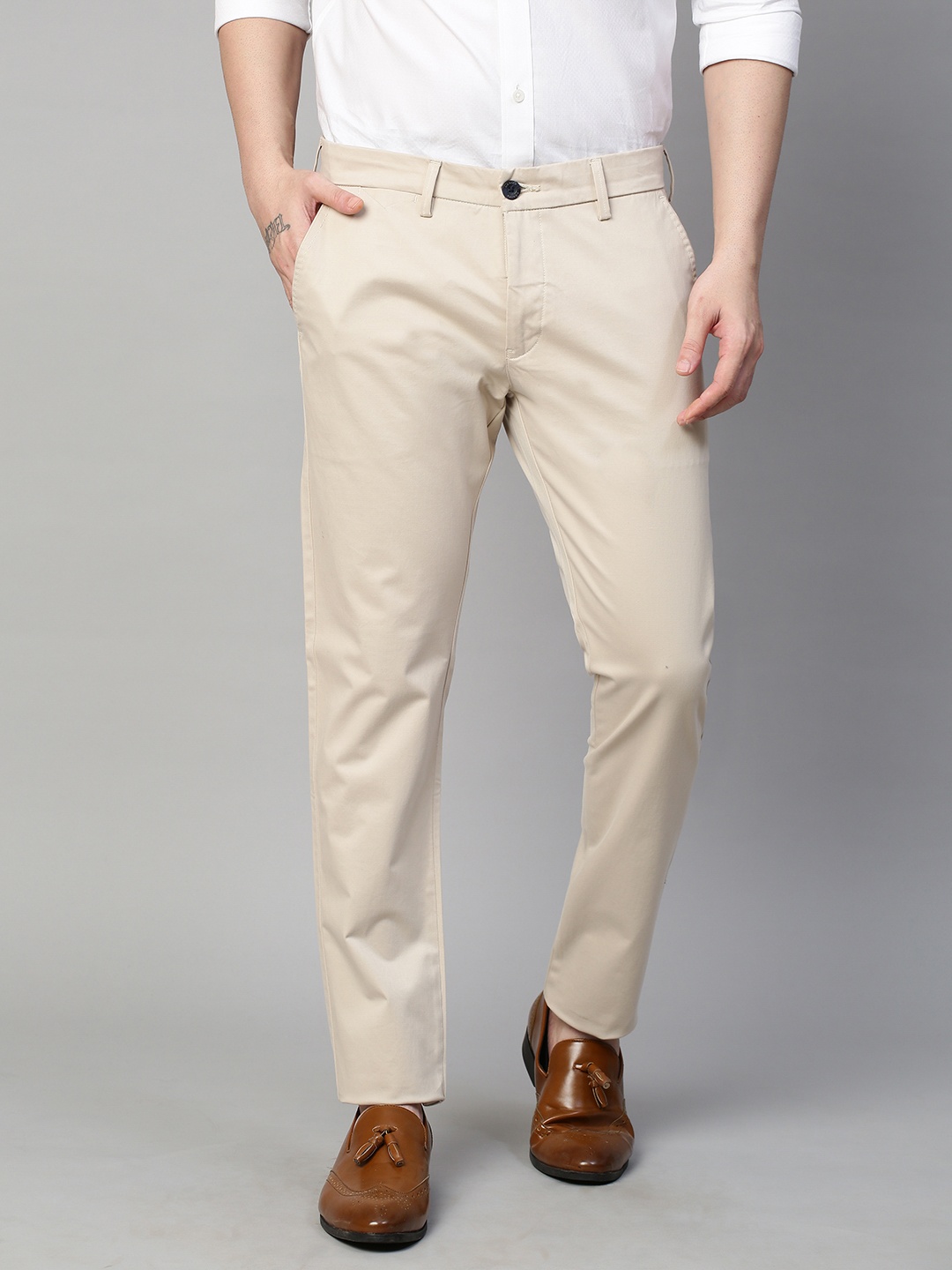 

GENIPS Men Cotton Stretchable Slim Fit Trousers, Beige