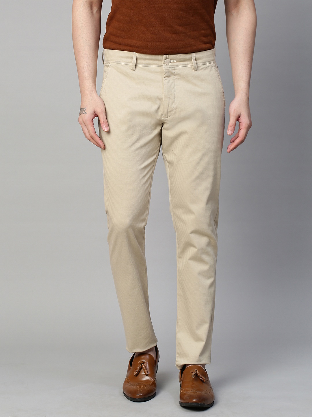 

GENIPS Men Cotton Stretchable Textured Slim Fit Trousers, Cream