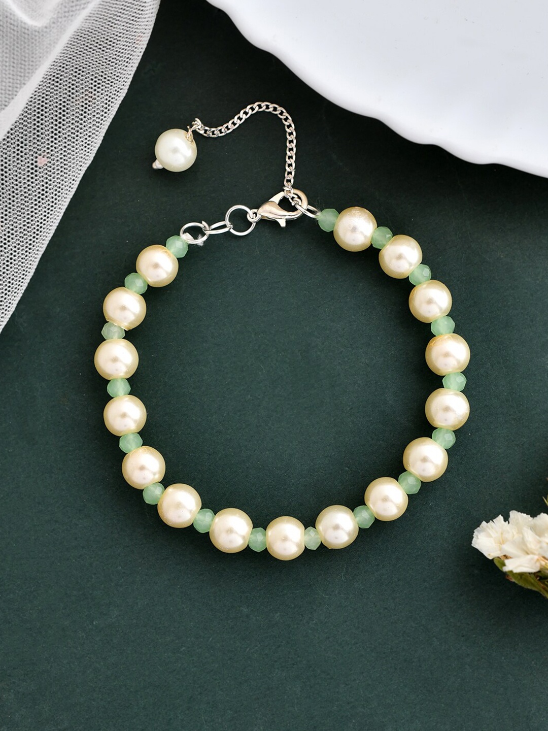 

Silvermerc Designs Women Brass Pearls Handcrafted Silver-Plated Bangle-Style Bracelet