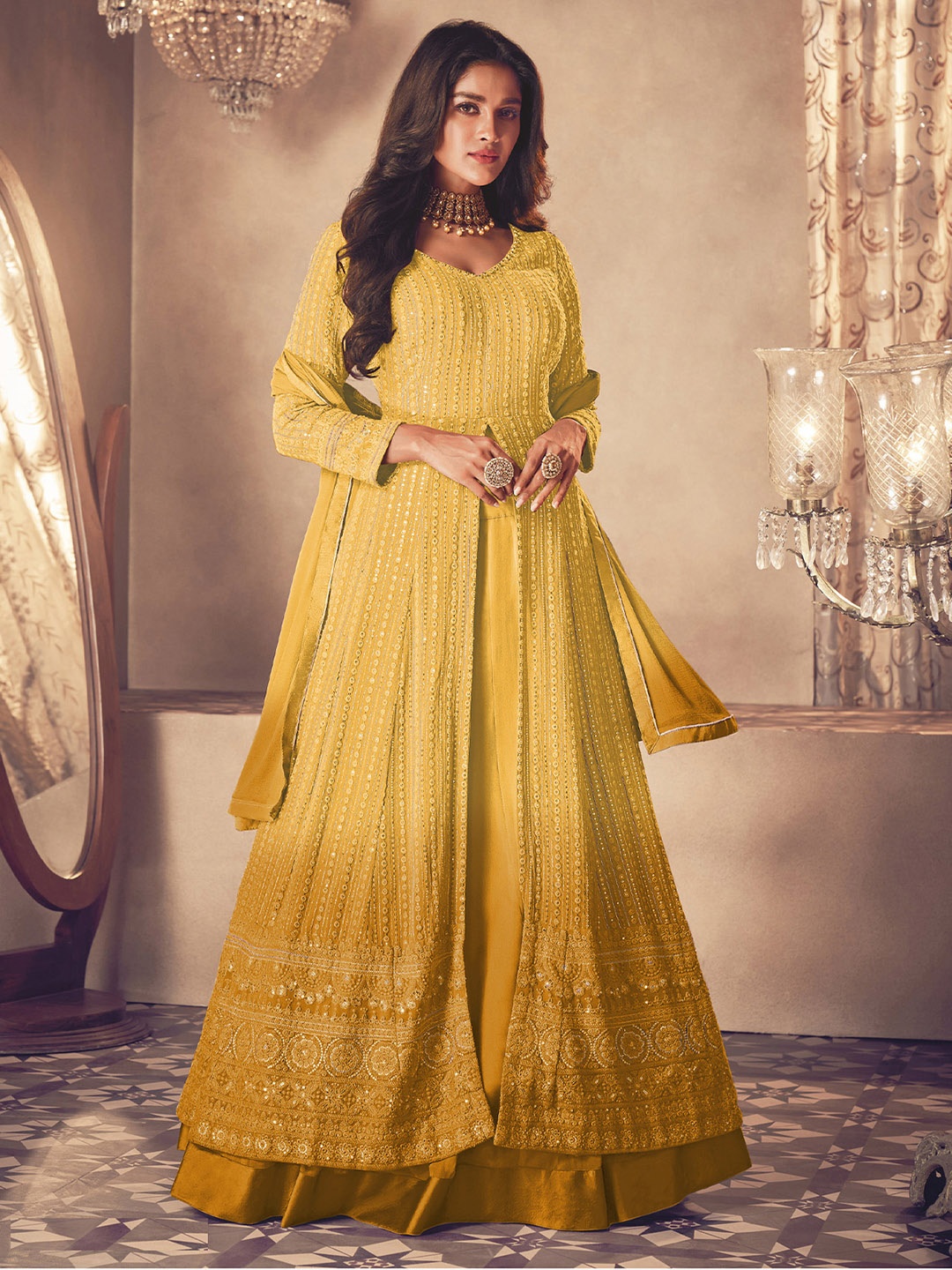 

ODETTE Women Embroidered Regular Phulkari Kurta with Sharara & With Dupatta, Yellow