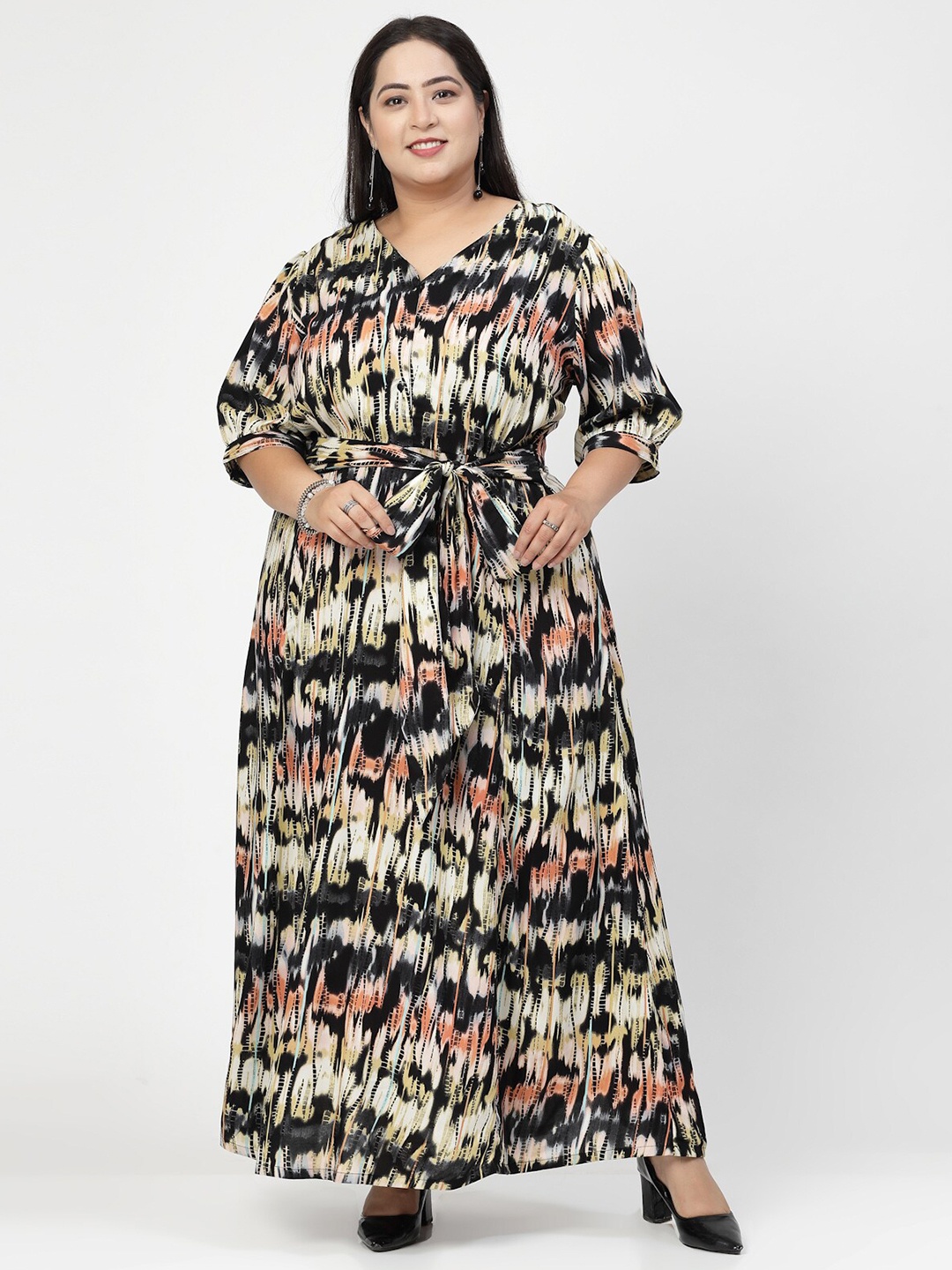 

plusS Round Neck Puff Sleeves Print Maxi Plus Size Dress, Black