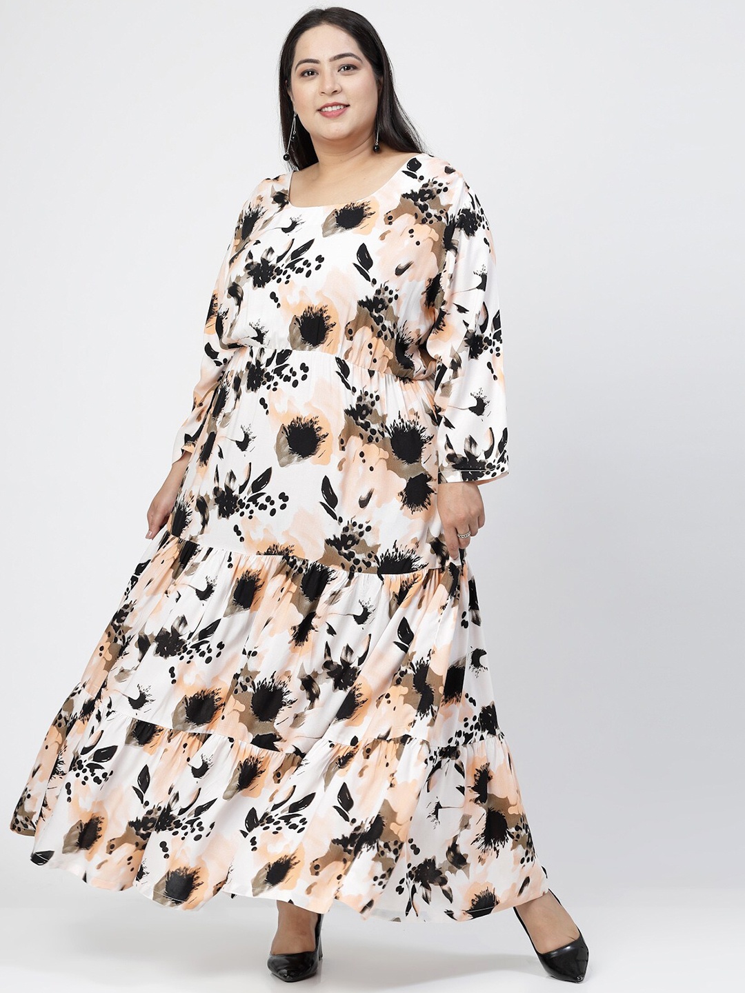 

plusS Round Neck Long Puff Sleeves Floral Print Maxi Plus Size Dress, White