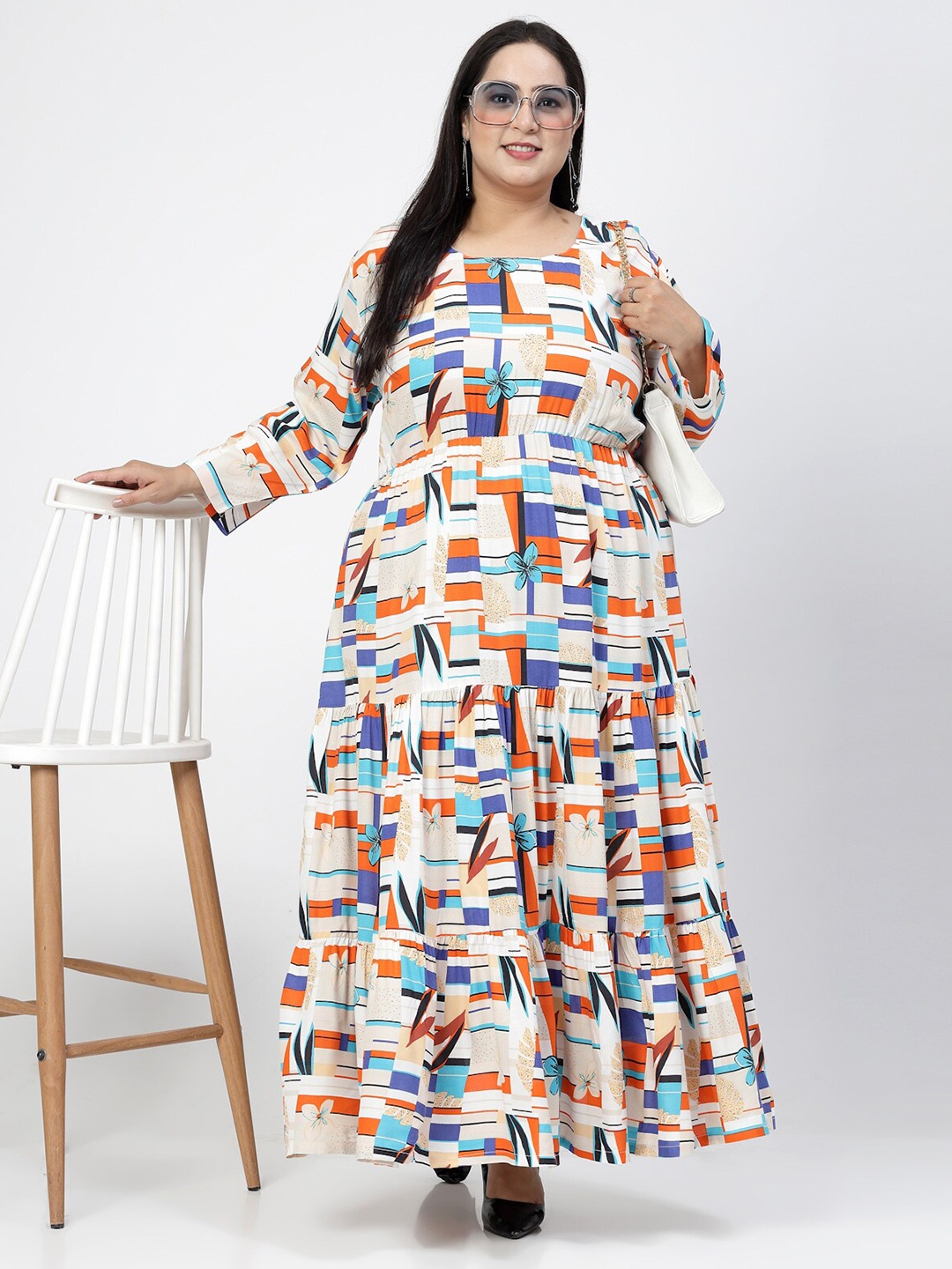 

plusS Round Neck Long Sleeves Geometric Print Maxi Plus Size Dress, White