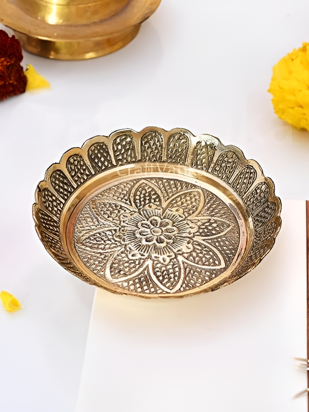 

Aura Brass Nakshi Plate For Pooja Brass Prasadam Vastu Nakshi Bhog Plate, Gold