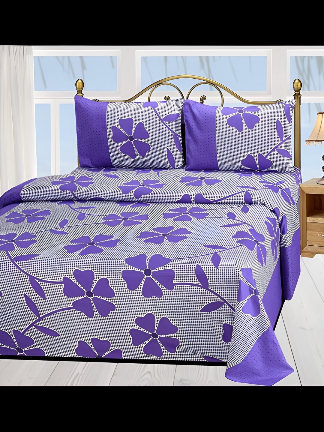 

Supreme Home Collective Purple Printed 144 TC Queen Bedsheet with 2 Pillow Covers