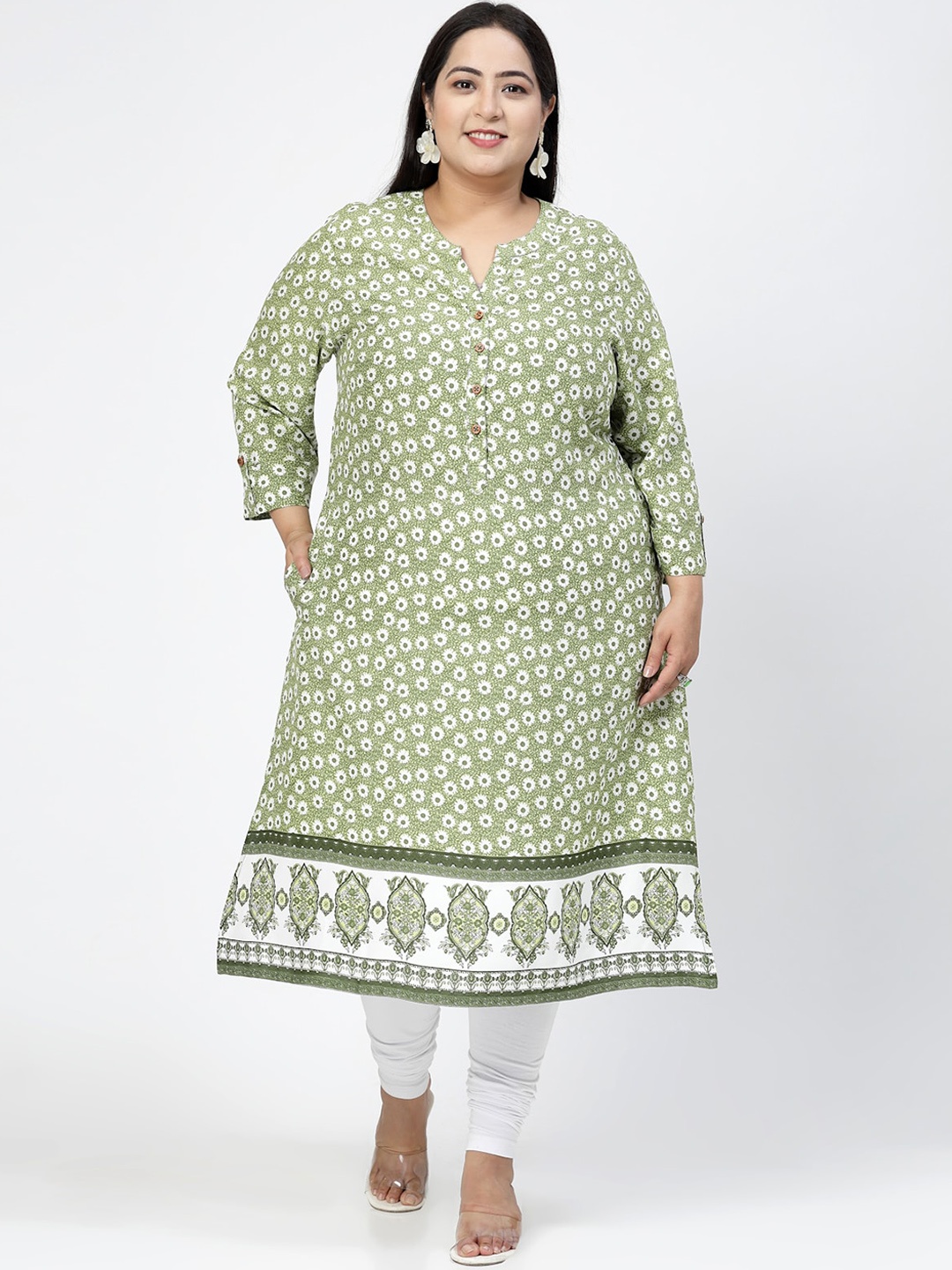 

plusS Plus Size Olive Green & White Floral Printed Notch Neck Straight Kurta