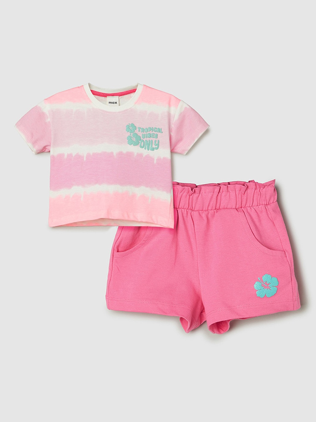 

max Girls Striped Pure Cotton T-Shirt & Shorts, Pink