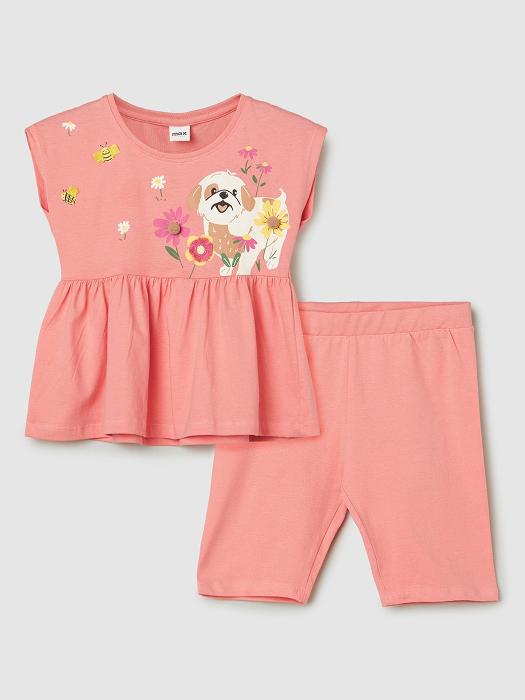 

max Girls Graphic Printed Pure Cotton Top & Shorts, Coral