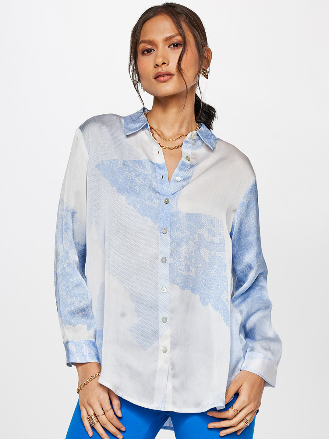 

AND Abstract Printed Spread Collar Casual Shirt, Blue