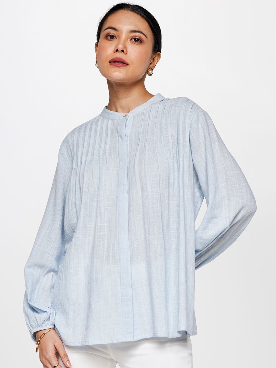 

AND Vertical Stripes Cuffed Sleeves Mandarin Collar Top, Blue