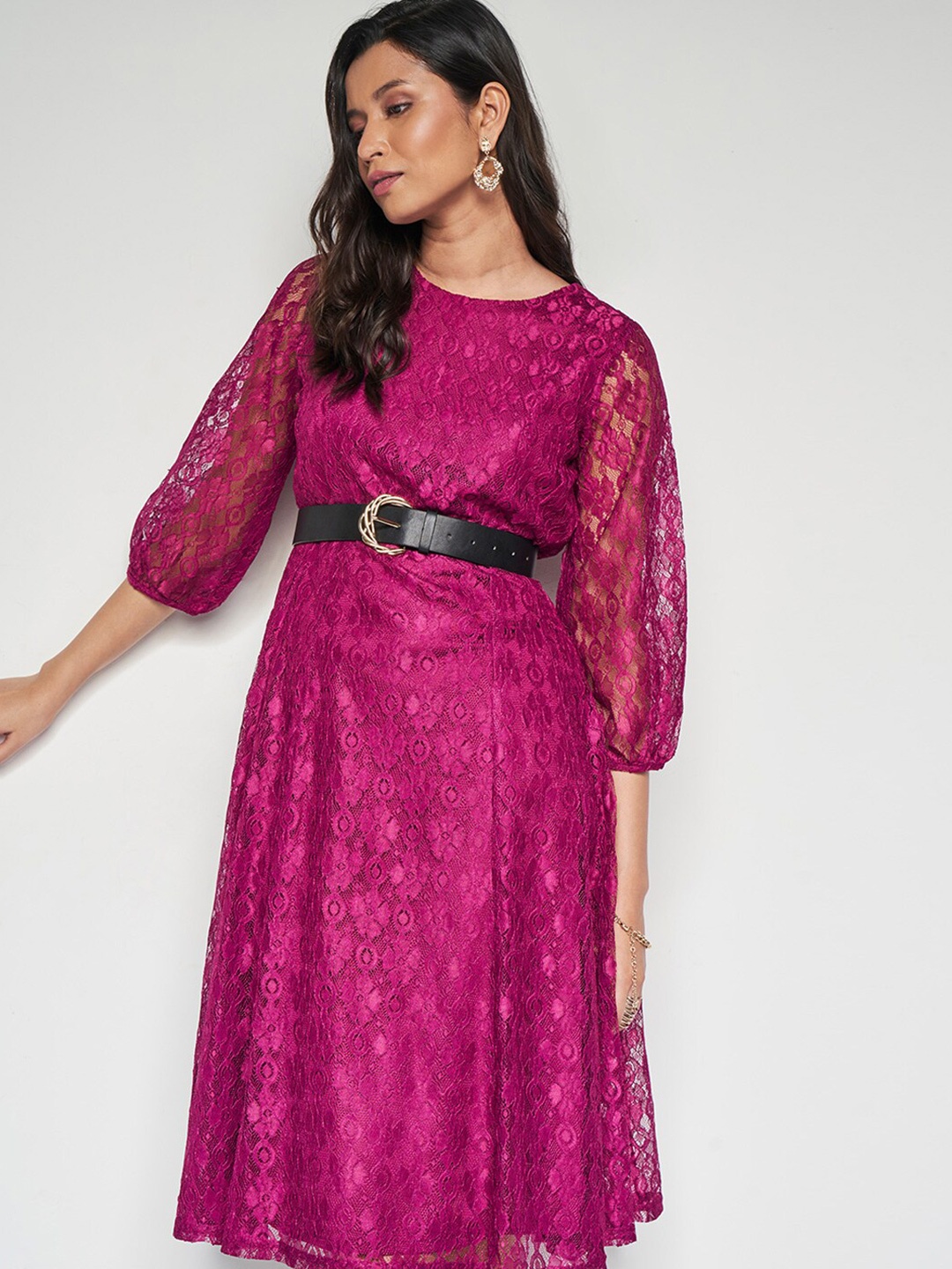 

AND Self Design Round Neck Three-Quarter Sleeves Fit & Flare Dress, Pink