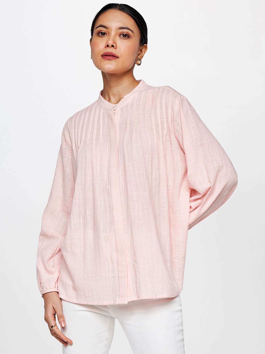 

AND Mandarin Collar Regular Shirt Style Top, Pink