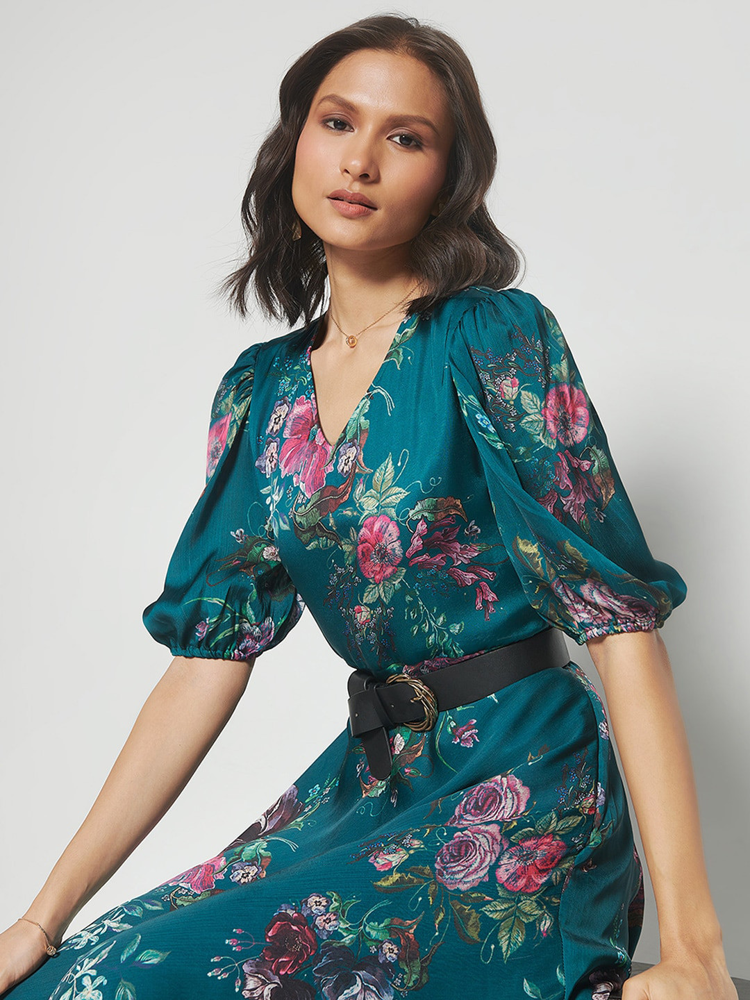 

AND Floral Printed Puff Sleeves Fit & Flare Dress, Green