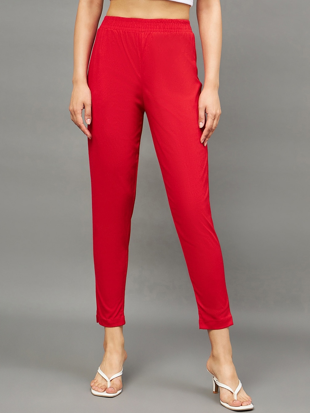 

THE PAJAMA FACTORY Women Tailored Tapered Fit High-Rise Trousers, Red