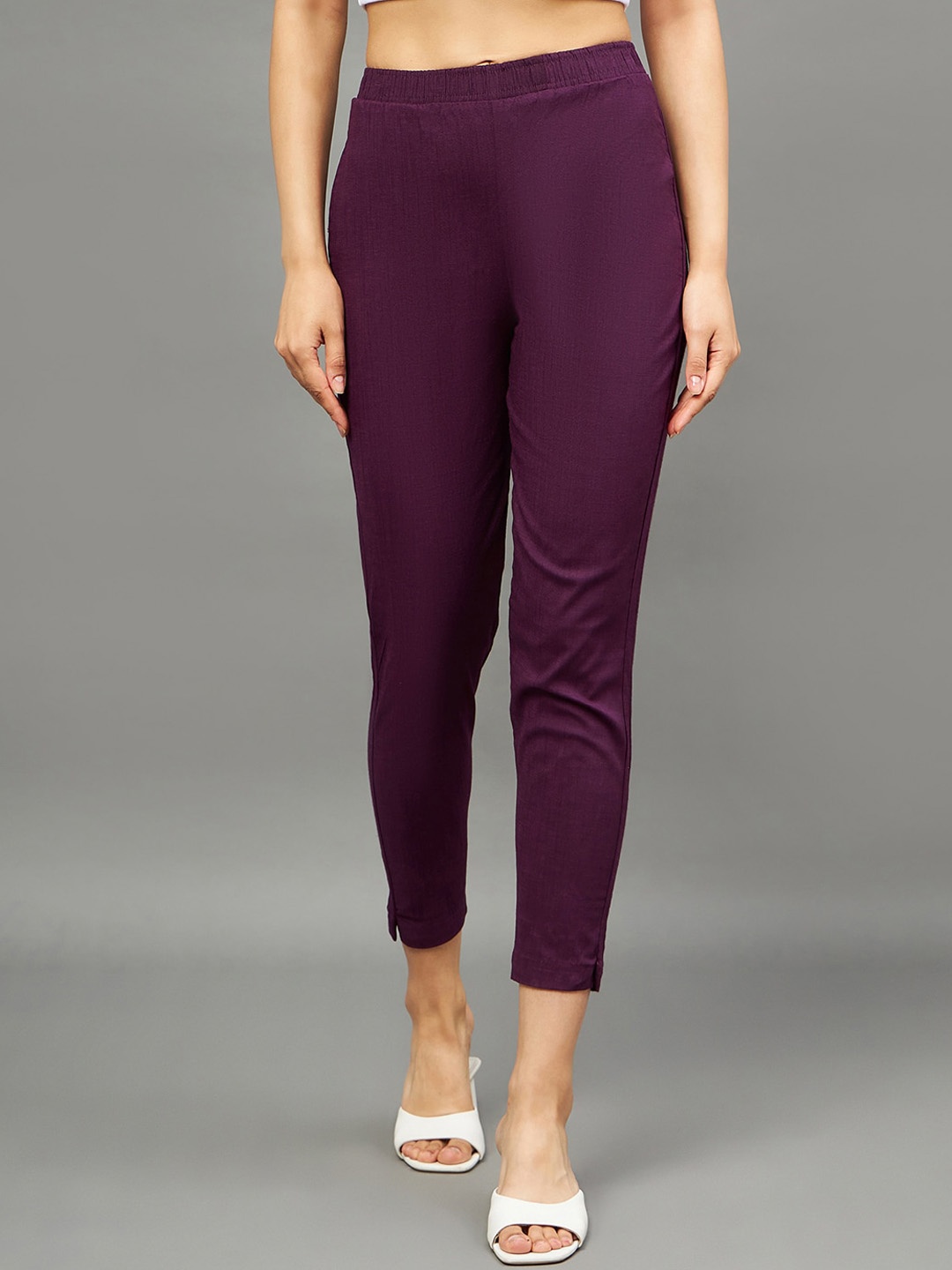 

THE PAJAMA FACTORY Women Tailored Tapered Fit High-Rise Trousers, Purple