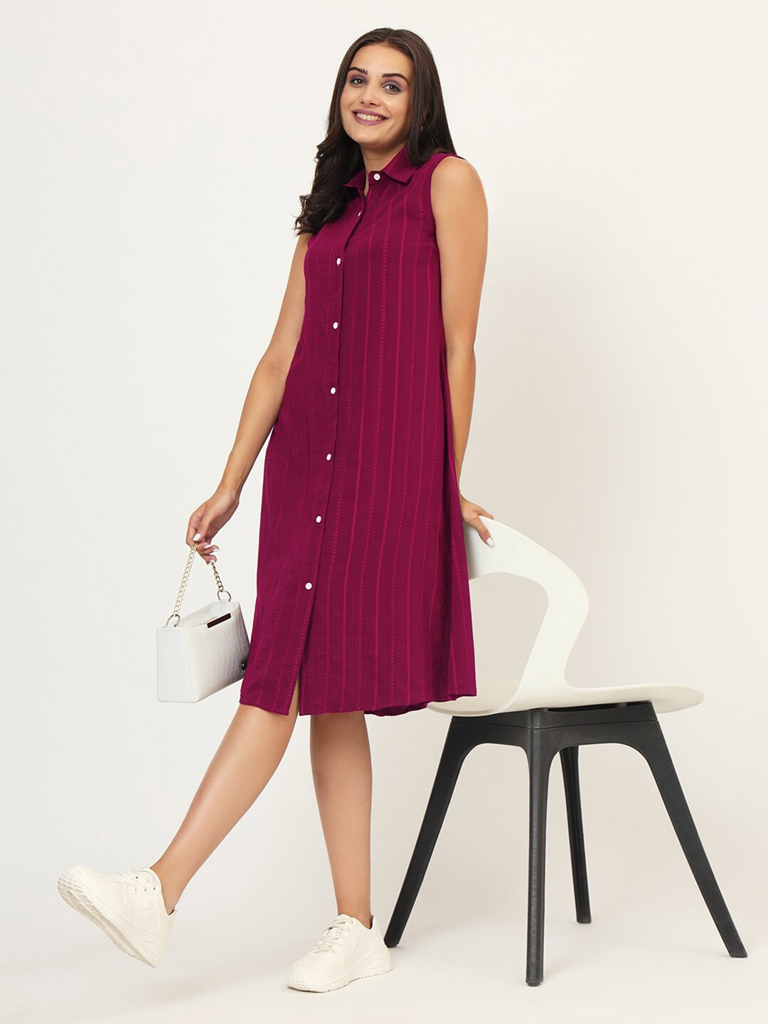 

CHARMGAL Striped Sleeveless Shirt Dress, Magenta